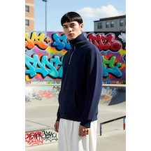 Benerly Erkek Fermuarlı Dik Yaka Düşük Kol Nakışlı Sweatshirt Fonksiyonel Lacivert