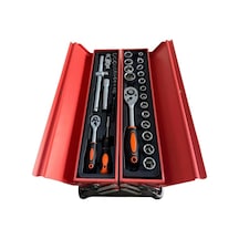 81 Parça Profesyonel Katlanabilir Metal Sandık Alet Takımı 5 Gözlü Çanta, 1/2 & 1/4 Cırcır Lokma Seti, Komb