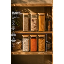 Porsima 7-3 Bambu Vakumlu Kapaklı Kare Borsilikat Cam 6lı Kavanoz Seti Saklama Kabı 1900ml 9,5x27cm Ahşap - Şeffaf