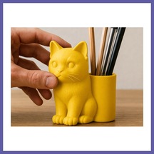 Bezos 3d Baskı Kedi Figürlü Kalemlik - Masaüstü Organizer - Sarı Nıda