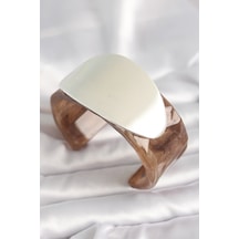 Kahverengi Mermer Desen Akrilik Plastik Gümüş Oval Plaka Model Vintage Kadın Bilezik Kahverengi