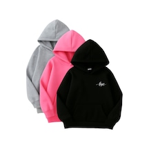 3'lü Kapüşonlu Sweatshirt Seti- Minimal Hope Baskılı - Kışlık Şardonlu Kumaş Siyah Pembe Gri