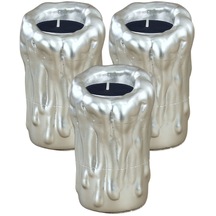 Şamdan Dekoratif Mumluk Şamdan Set 3 Lü Üçlü Tealight Uyumlu Erimiş Mum Büyük Model - Gümüş