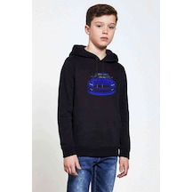 Tshirthane Mustang Baskılı Unisex Çocuk Kapüşonlu Siyah Sweatshirt