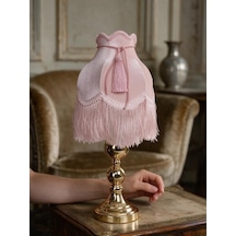 Pudra Pembe Kadife Kaplı Püsküllü Başlık Gold Metal Ayaklı Prenses Model Abajur 60x28cm