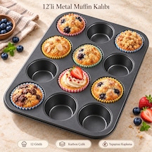 12 Gözlü Muffin Cupcake Kek Kalıbı, Karbon Çelik Çift Kat Yapışmaz Kaplamalı Fırın Tepsisi, Brownie, Kurabiye Diğer