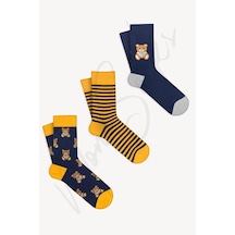 Mono Socks 3'lü Oyuncak Teddy Bear Ayıcık Desenli Çorap-Teddy 3lü Oyuncak Sarı Lacivert