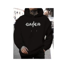 Herkesemoda Gamer Yazı Detaylı Kapüşonlu Sweatshırt Siyah