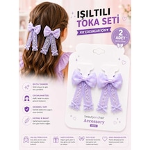 2'li Set Uzun Dantel Şeritli Ve Fiyonk Kurdeleli Işıltılı Kız Çocuk Pens Saç Tokası Mor