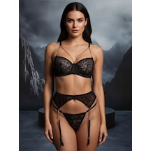 Intive Lingerie Laura Kadın Siyah Transparan Zincir Detaylı Tasarım Jartiyer Takım