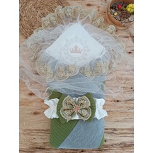 Yenidoğan Teri Cotton Taç Nakışlı Prizma Taş Kundak Bebek Battaniyesi Yeşil Çok Renkli