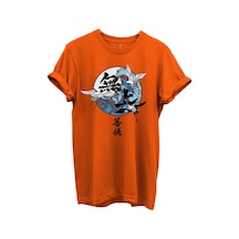 Japon Sanatı Stilinde Turna Kuşları Ve Dalga Desenli %100 Pamuk Regular Fit Unisex T-shirt Turuncu