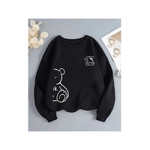 Herkesemoda Ayıcık Desen Detaylı Bisiklet Yaka İçi Polarlı Sweatshirt Siyah