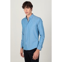 Tudors Slim Fit Uzun Kol Yaka Düğmeli Yaka İçi Biyeli Erkek Gömlek-26220 Mavi