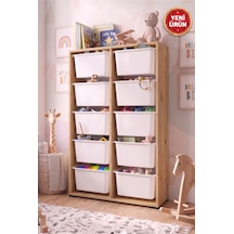 10 Adet Büyük Çekmeceli 136 Cm Safir Meşe Çocuk Odası Oyuncak Dolabı Ve Çok Amaçlı Saklama Ünitesi - Depolayıcı Düzenleyici Organizer