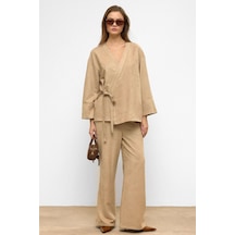 Olcay Önü Bağlamalı Süet Görünümlü Kimono İkili Takım Taş 9366-tk