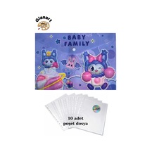 A4 Boy Çıt Çıt Ödev Dosyası +10' Lu Poşet Dosya Baby Family Mor Çok Renkli