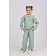 Toontoy Kids Toontoy Kız Çocuk 2'li Takım Baskılı Kapüşonlu Fermuarlı Cepli Sweatshirt & Beli Paçası Lastikli Jogger Eşofman Altı - Müslin Yeşil