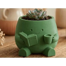 3d Baskı Kitap Okuyan Saksı - Kupa Tutan Sevimli Saksı-yeşil