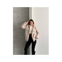 Asur Boutique Asur Butik Kadın Keçeli Kumaş Tokalı Fermuarlı Ceket Bej