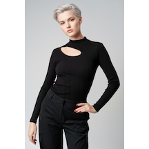 Balıkçı Yaka Kaşkorse Cut Out Detaylı Bluz - Siyah Çok Renkli
