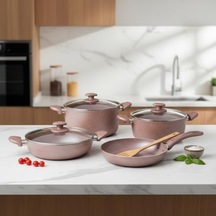 Argos 7 Parça Tencere Ve Tava Seti - Pembe Kırçıl Renkli Yanmaz Yapışmaz Çeyiz Paketi Cam Kapaklı 20/24/26 Cm Tencere + 26 Cm Tava 0