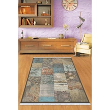 Mavi Patchwork Dokuma Pamuk Taban Kaymaz Kilim Klm071n11