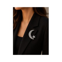 Ay Yıldız Taşlı Yaka Broşu Gold & Gümüş Renk Kristal Taşlı Hilal Yıldız Broş Ceket, Şal Ve Çanta Aksesuarı Çok Renkli