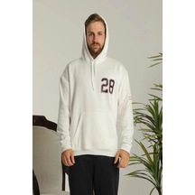 Erkek 3 İplik Pamuklu Kapüşonlu Baskılı Cepli Oversize Sweatshirt Hoodie - Beyaz