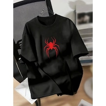 Meleners Baskılı Oversize Bisiklet Yaka T-shirt - Siyah