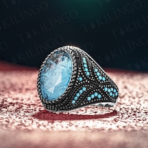 Takılingo 925 Ayar Gümüş Paraiba Taşlı Turkuaz Detaylı Erkek Yüzük Gümüş