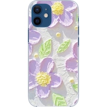 Apple Uyumlu iPhone 12 Mini  Mor Papatyalar Sulu Boya Baskılı Silikon Kılıf Renkli