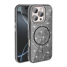 Apple, Uyumlu iPhone 16 Pro Max Kılıf M-safe Şarj Özellikli Parlayan Simli Zore Okso Kapak Siyah