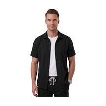 Deep Sea Deepsea Siyah Slim Fit Çizgi Dokulu Keten Görünümlü Kısa Kol Erkek Spor Gömlek 2602648