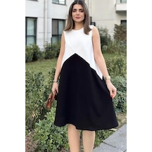 WeShaya Kadın Siyah & Beyaz Color Blocklu, Kolsuz, Yuvarlak Yaka, Midi Salaş Elbise Siyah - Beyaz