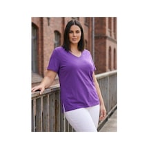 Hanezza Kadın Büyük Beden V Yaka Yanı Yırtmaçlı Pamuklu Viskon T- Shirt Serifikalı Kumaş Mor - 30798238 Mor