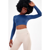 Maraton Active Slimfit Kadın Bisiklet Yaka Uzun Kol Fitness Gece Mavisi Crop Top 816008 Mavi