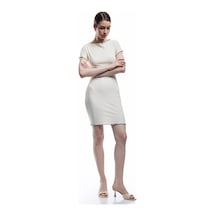 Koton Bürümcük Kumaş Kısa Kollu Kayık Yuvarlak Yaka Slim Fit Kalem Elbise Ekru 5sak80403ek Ekru
