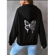 Altamira Unisex Siyah Kelebek Sırt Baskılı Ince Mevsimlik Kapşonlu Oversize Hırka 001