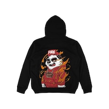 Panda Fire Oversize Unisex Kapüşonlu Sweatshirt Hoodie Beyaz Siyah