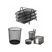 5li Ofis Seti - Kalemlik - Notluk - Ataşlık + Çöp Kovası + 3 Katlı Metal Evrak Rafı