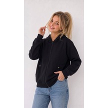 Mila Mood Kız Çocuk Siyah Kapüşonlu Fermuarlı Sweatshirt Kalp Detaylı Bol Paça Eşofman 2 Li Takım
