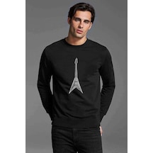 Drawing Rock Guitar Baskılı Siyah Erkek Örme Sweatshirt