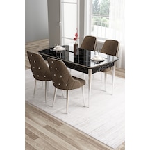 Canisa Tia Serisi 80x132 Mdf Açılabilir Siyah Mermer Desen Krom Detay Masa Takımı Ve 4 Kahverengi Sandalye Masa Siyah Mermer Desen Sandalye Kahve