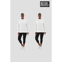 Süperlife Kadın Büyük Beden Bisiklet Yaka 2 Li Set-rahat Kalıp İnce Sweatshirt Spr26bswk956+2 Ecru-ecru