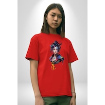 Süper Robot Kız Sulu Boya Pamuklu Bisiklet Yaka Unisex Oversize Boyfriend Dijital Baskılı Kırmızı T-shirt Kırmızı