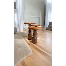 Wood Ahşap 3 Lü Set Fitilli Mantar Yan Sehpa Boğumlu Model / Açık Ceviz Renk / Zigon Sehpa Vernikli Açık Ceviz