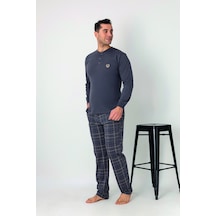 Estiva Erkek Kareli Alt Desenli Gri Uzun Kollu Patlı Penye Pijama Takımı Çok renkli