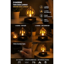 Otantik Led Masa Lambası 2 Kademeli Mum Efektli Amber Gece Lambası Type-c Şarjlı 10 Saat Çalışma Süresi