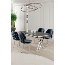 Canisa Rigel Serisi 80x130 Lak Panel Siyah Mermer Desen Masa Takımı Krom Ayaklı 4 Antrasit Sandalye Masa Siyah Mermer Desen Sandalye Antrasit